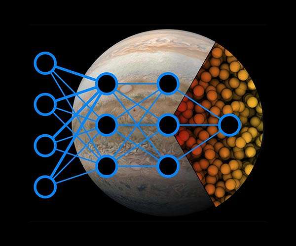 Atomistic modelling probes the behavior of matter at the center of Jupiter