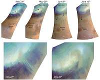 Dust storms swirl at the north pole of Mars