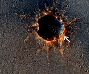 Color View From Orbit Shows Mars Rover Beside Crater