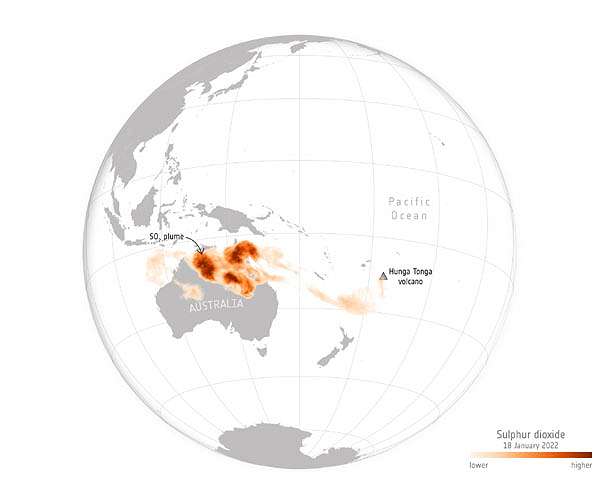 Sulphur dioxide from Tonga eruption spreads over Australia