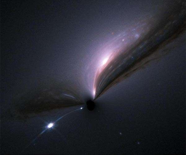 Jet from galaxy black hole drives vast stream of super heated gas into space
